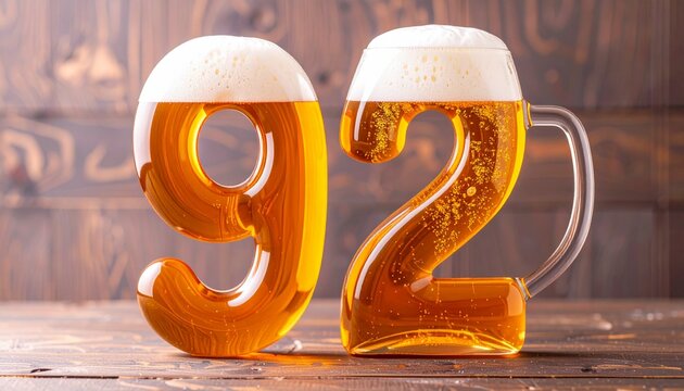 Beer Typography &mdash; Number 92 with Bubbles and Foam on Wooden Background