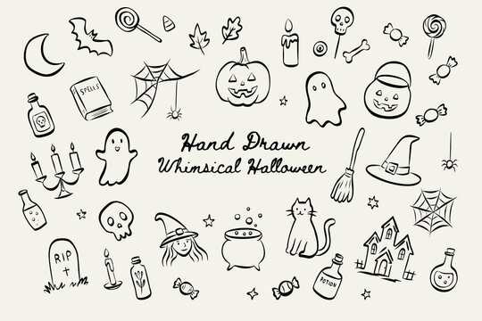 Hand drawn whimsical Halloween doodles featuring ghosts, pumpkins, and witches