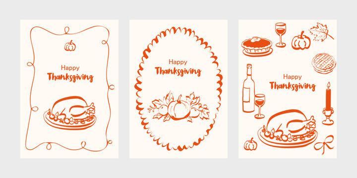 Whimsical Thanksgiving celebration cards with turkey, pumpkin decorations, and festive elements