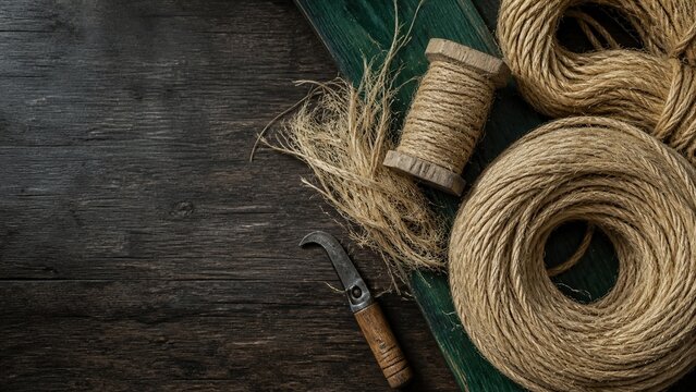 Rustic jute twine rolls, natural hemp rope on wooden background, vintage twine spool with small hook tool, traditional craft materials