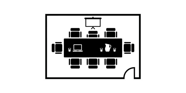 Office meeting room layout blueprint icon with table chairs projector.