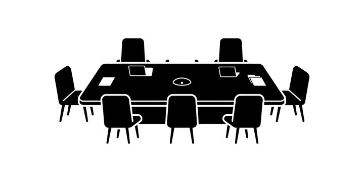 Black conference table perspective view icon with chairs and laptops.