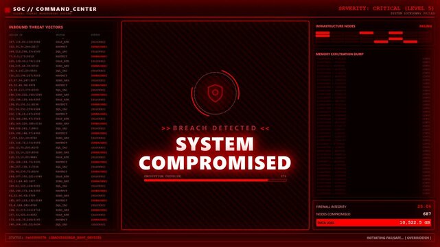 Security operations center system breach compromised alert screen.