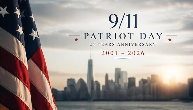 9/11 Patriot Day anniversary banner with American flag and New York City skyline at sunset.