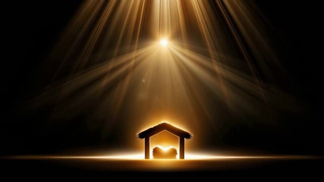 A symbolic nativity scene with a stable illuminated by divine golden rays of light, evoking a sense of sacredness and wonder. ..Created with Generative AI, not depicting real subjects.