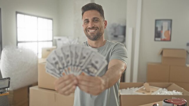 Man holding a fan of dollars with hands extended among moving boxes inside a building; confidence success.