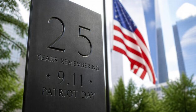 Memorial plaque marking 25th anniversary of military service with American flag backdrop