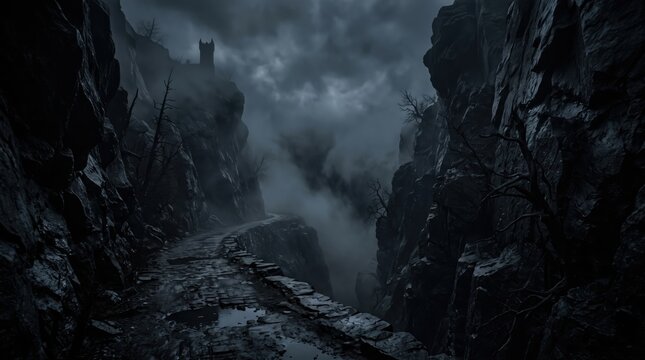 An eerie, haunted gothic castle, a spooky mansion, looms on a dark, foggy halloween night, seen from a narrow path in a deep canyon.