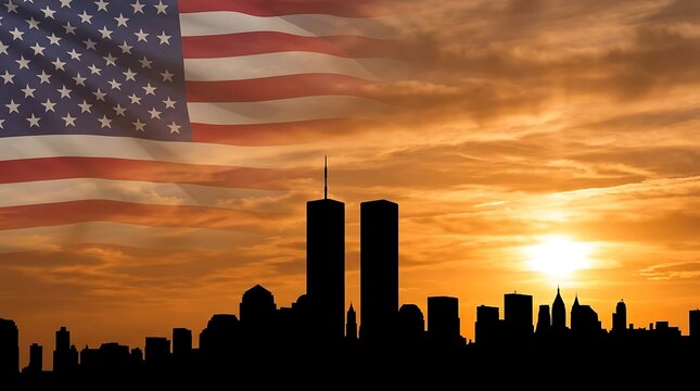 Patriot day remembrance featuring american flag and twin towers silhouette against dramatic sunset sky for september 11th memorial services and graphic design backgrounds.