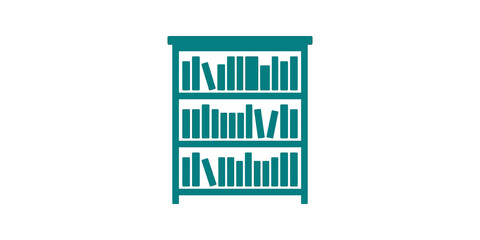 Green library bookshelf icon with assorted book collection for home decor. © SAJID