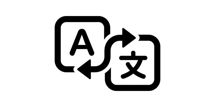 Language translation icon with two squares and diverse alphabet symbols.