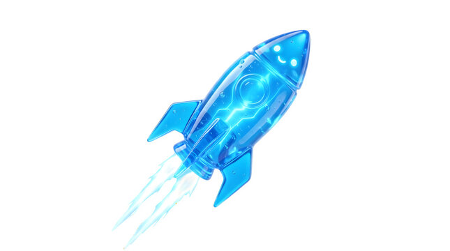 Illustration of Blue futuristic rocket with transparent background taking off in space.