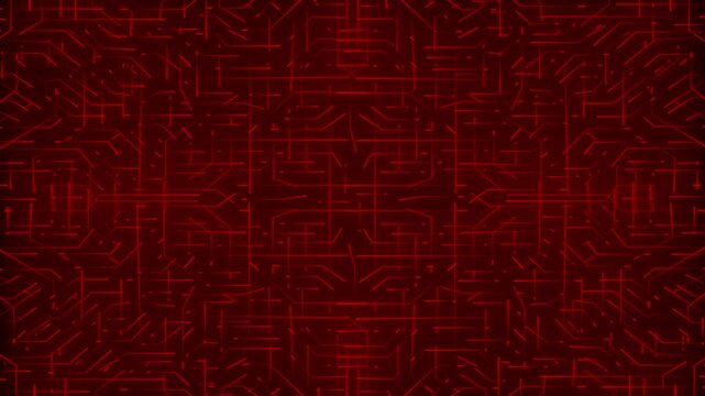 Dark red abstract circuit board pattern with glowing electronic lines and a central chip-like shape, creating a futuristic technology background.