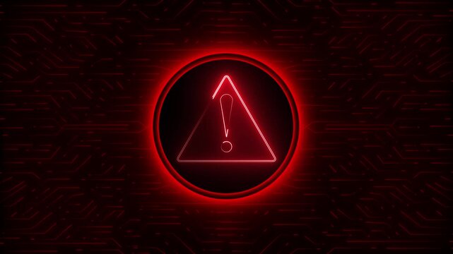 Glowing red warning symbol with an exclamation mark inside a dark circle, set against a futuristic circuit board background