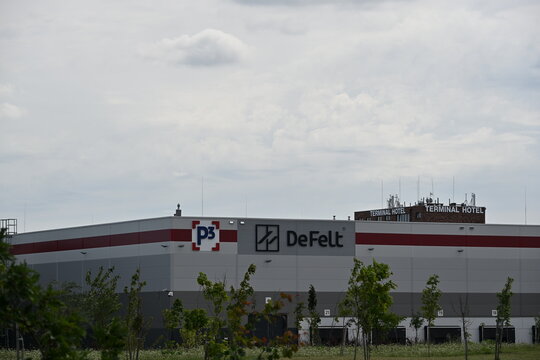 DeFelt and P3 Logistics Warehouse in Wroclaw with Terminal Hotel in the Background