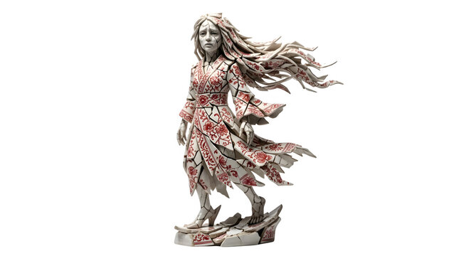 Elegant woman statue with flowing hair and transparent background.