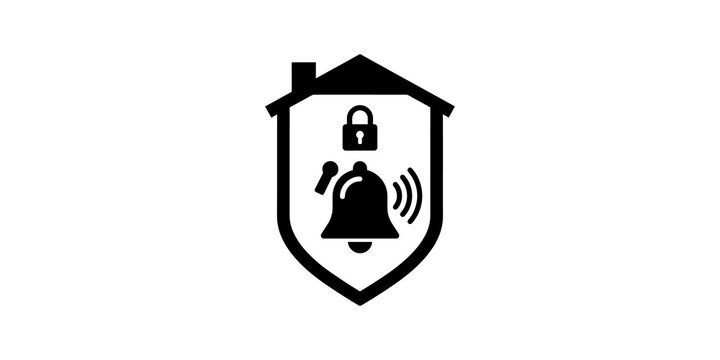 Home security alarm system icon with shield and bell for smart defense.