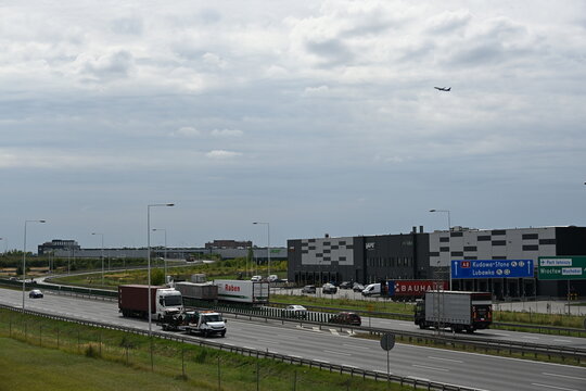 A8 Motorway Near Wroclaw with Logistics Warehouses in the Background