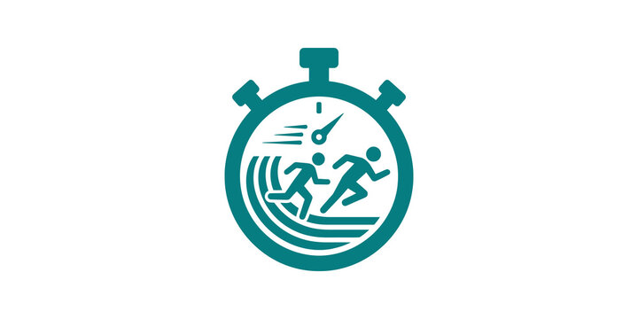 Teal stopwatch running runners flat icon for sprint race track time.