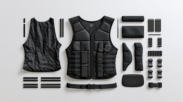 Technical illustration of a weighted vest disassembled into individual components outer shell, weight bars, padding
