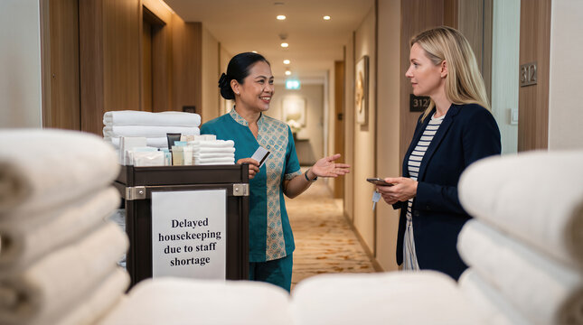 Female hotel staff member in teal uniform discusses housekeeping delays with a guest in a corridor, towels and supplies visible on a cart nearby
