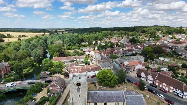 Bures Village Suffolk England Drone Aerial over church tower
