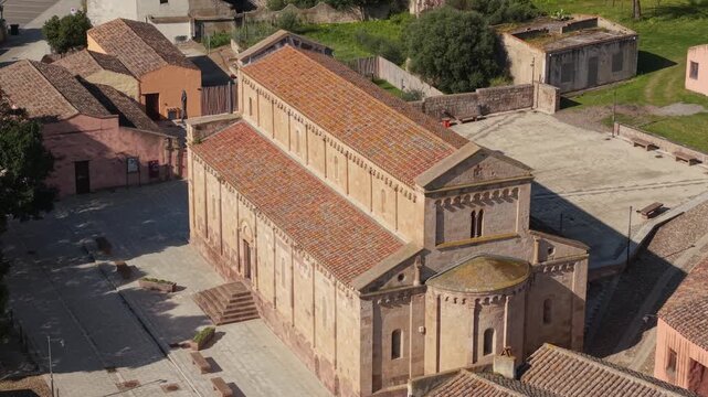 Aerial View Of Historic Cathedral Of Santa Maria Di Monserrato Surrounded By Old Buildings In Sardinia, Italy.