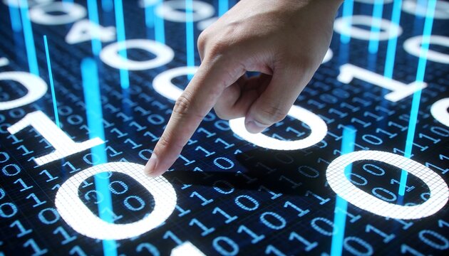 Hand pointing at binary code on a digital display with glowing numbers