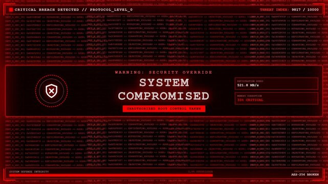 Critical system breach hacker cyberattack compromised red screen.