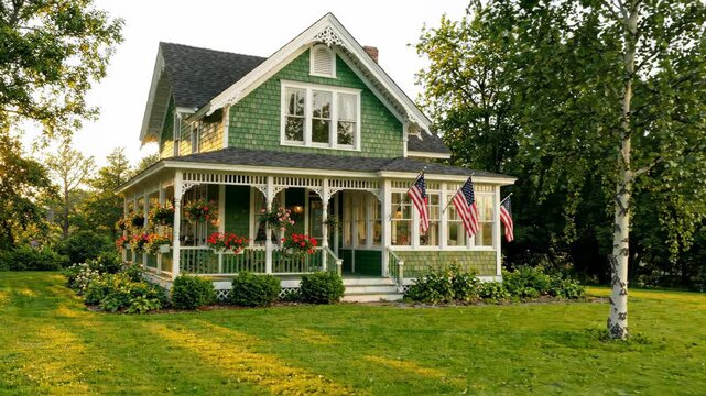 Victorian cottage house on a manicured green lawn with garden trees