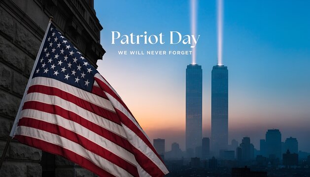 Patriot Day American flag with twin light beams memorial tribute for September 11 remembrance