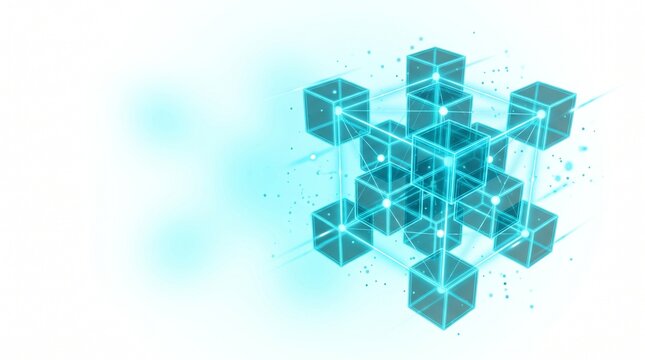 Floating cyan 3d cubes in abstract geometric structure