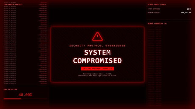System compromised security protocol override cyberattack screen.