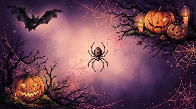 A spooky and festive halloween background featuring glowing jack o lanterns a large spider hanging in the center and flying bats in a dark purple