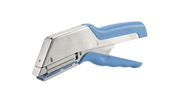 Medical skin stapler tool with blue ergonomic handle for surgical wound closure and healing.