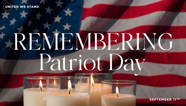 Patriot Day memorial graphic with American flag background and glowing candles