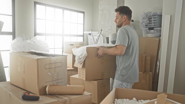Man standing with stacked cardboard boxes and arms crossed in studio apartment near window and bubblewrap; pride new beginning.