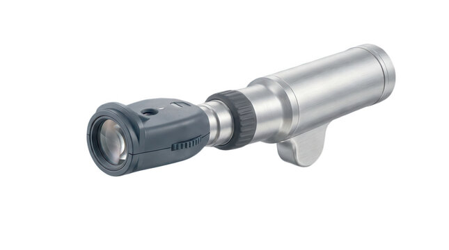 Ophthalmoscope medical handheld diagnostic instrument silver black design for eye examination.