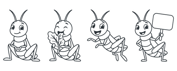 Fototapeta premium Happy grasshopper mascot set with various poses and activities.