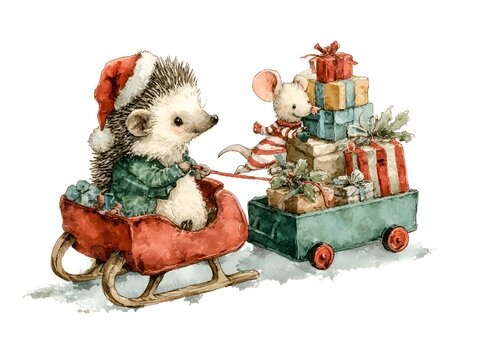 Cute Christmas hedgehog in Santa hat pulling a sleigh with gifts and a mouse pushing a cart full of presents