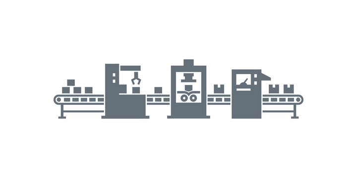 Automated factory production conveyor line with robotic machinery icon.