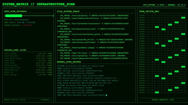 System infrastructure scan kernel file terminal screen animation.