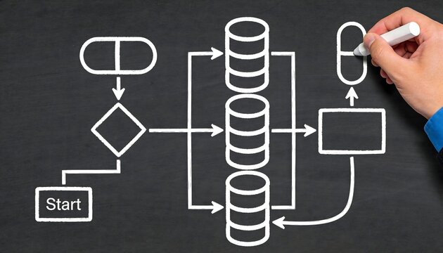 Person diagramming a flowchart on a chalkboard with symbols and databases