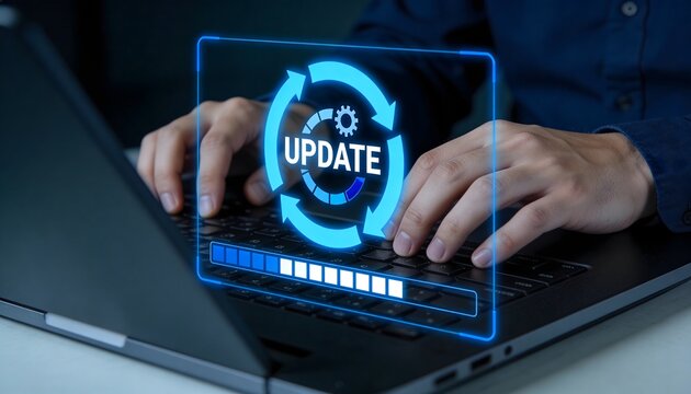 Person on a laptop with a virtual update screen showing a progress bar