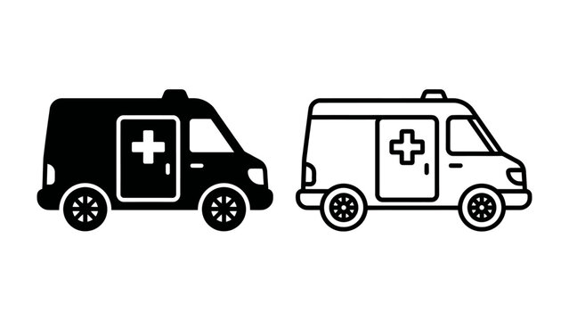 Ambulance Icon Set: A graphic representation of two ambulance vehicles, one solid black and one outlined, symbolizing medical transport and emergency services.