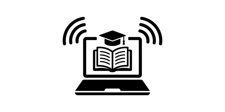 Black laptop computer education icon for online learning knowledge stream.