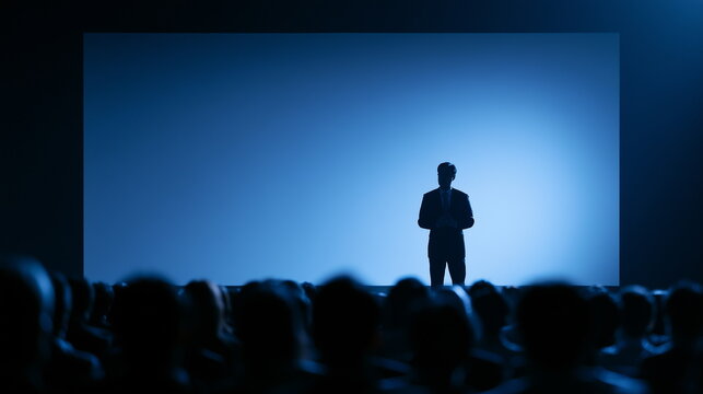 The silhouette of a man speaking to an audience against the backdrop of a blue presentation screen in a dark auditorium. Leadership, Business, Lecture, Conference, Presentation Concept.