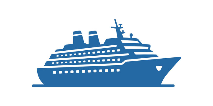 Blue cruise ship icon silhouette design for maritime travel concepts.