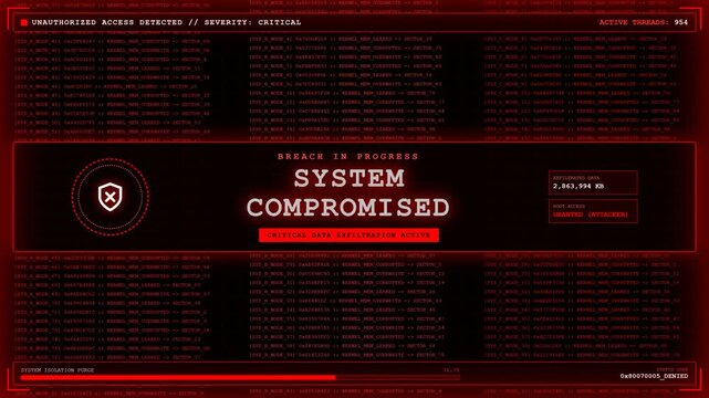 Unauthorized access breach data exfiltration cyberattack red screen.