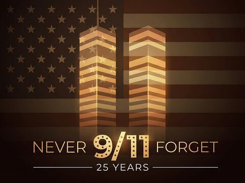 Stylized silhouette of the twin towers against a faded American flag with text 'Never 9/11 Forget 25 Years' commemorating anniversary of the September 11th attacks.